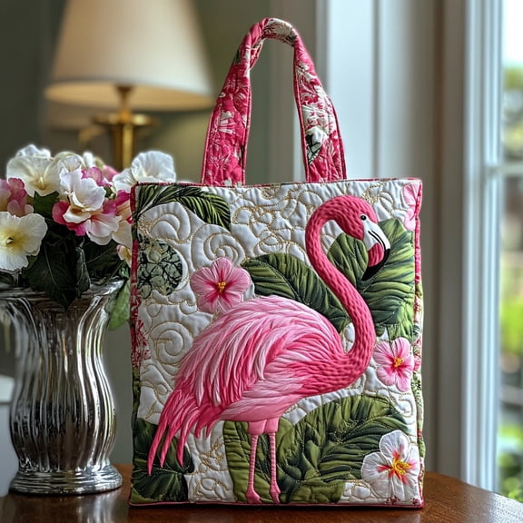 Quilted Tote Bag, Flaminglow, Quilted Shoulder Bag, Gift for Her, Everyday Bag, Reusable Market Tote