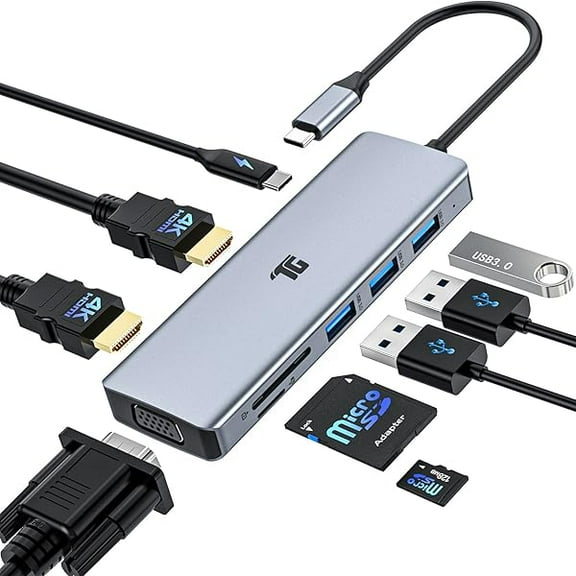 USB C Hub, 9 In 1 Triple Display Collage Display Laptop Docking Station with 2 4K HDMI, VGA, PD, USB 3.0 and TF/SD Card Reader, USB C Dock for MacBook/Dell/HP/Lenovo and Other Type-C Laptops