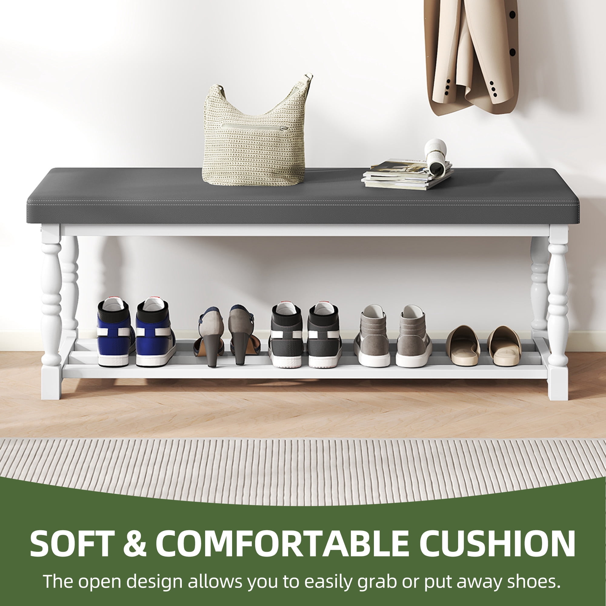 Uforic 48" Rectangular Shoe Bench with Shelves, Storage & Cushioned  Seat,Shoe Rack with Roman Style Legs - White & Gray