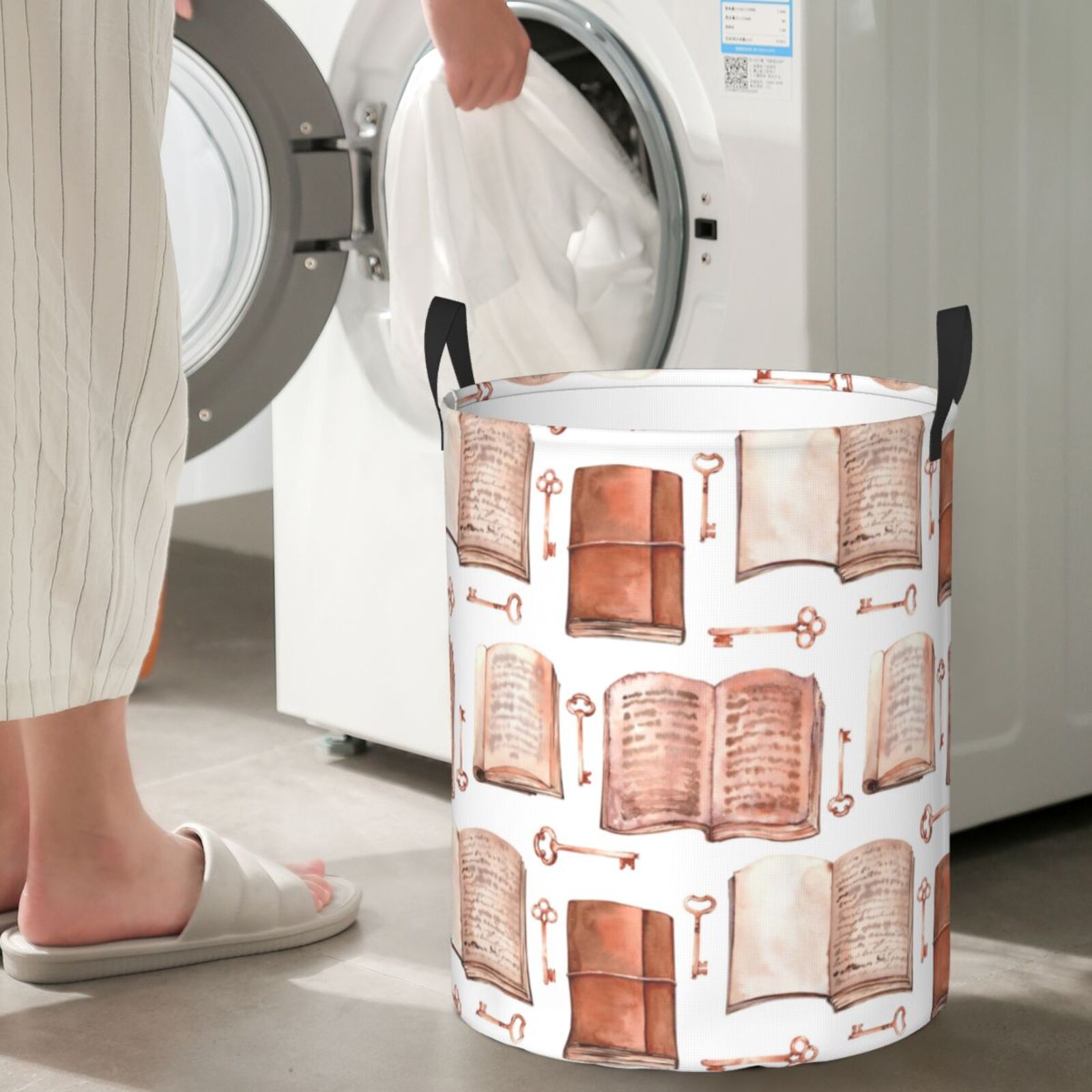 Large Laundry Basket with Handles - vintage key open books print Kids Baby Dirty Clothes Laundry Hamper for Bedroom Aesthetic