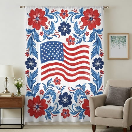 American Flag Sheer Curtains 54 Inches Long 4 of July Blue Red Blossoms Country Flowers Light Filering Curtains Breathable Simi Curtain Privacy Drapes for Kitchen Bathroom Small Window Treatment