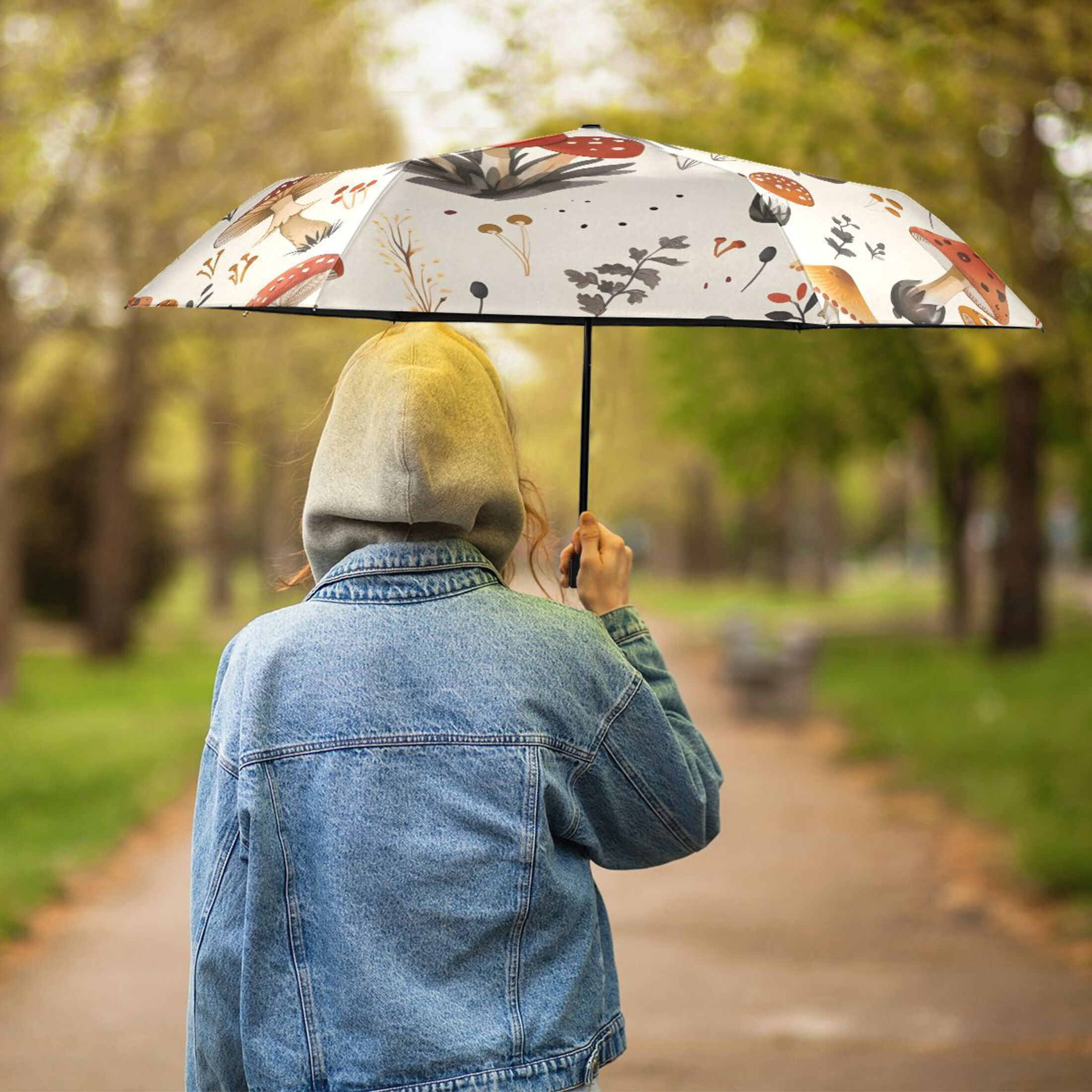 Mushroom Fallen Leaves Compact Sun Umbrella Windproof Travel Umbrellas for Rain Strong Portable UV Protection