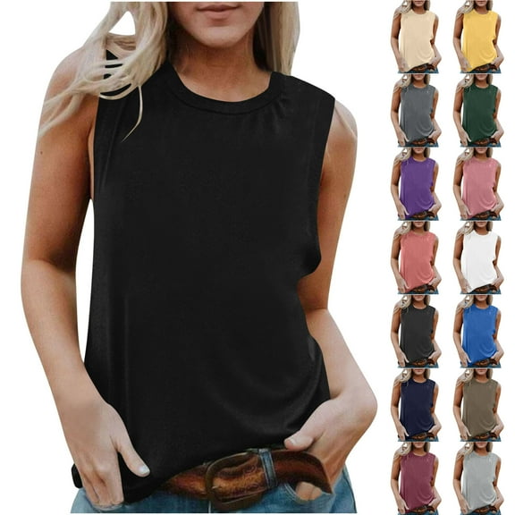 Otntypg Cami Tank Tops for Women Trendy 2025 Summer Sleeveless Basic Crewneck Tunic Blouse Loose Fit Comfy Workout Tees Shirt Black M