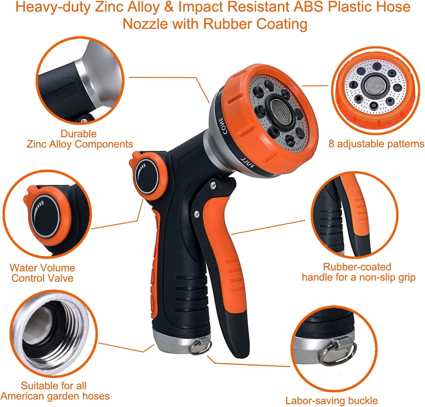 Garden Hose Nozzle Heavy Duty, High Pressure Adjustable 8 Patterns Metal Water Hose Nozzle Volume Control Valve Attachment Hose Sprayer Nozzle for Outdoor Garden Watering Car Washing Pet Showering