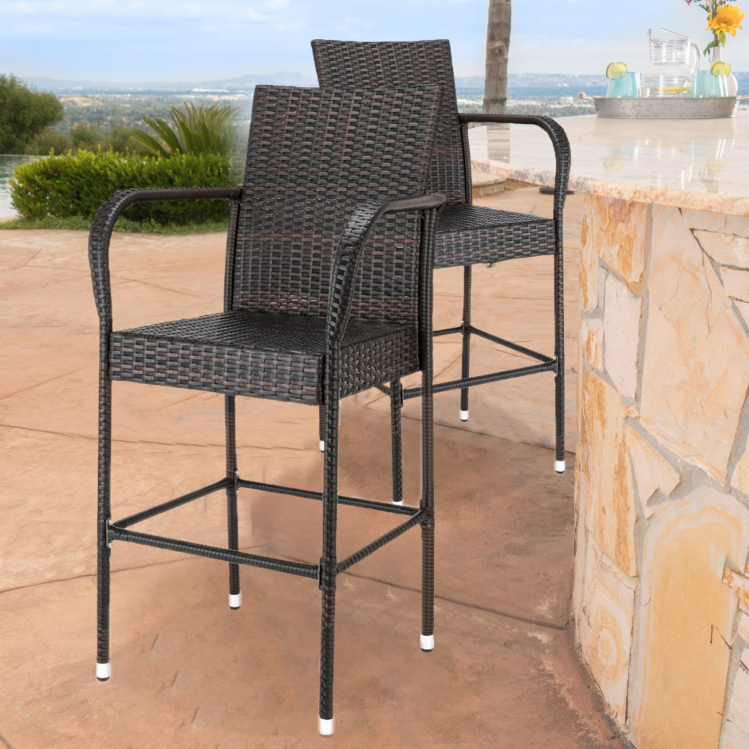 Outdoor Bar Stools 24 inches High, Outdoor Patio Furniture Wicker Rattan Bar Stool with Armrest and Footrest, Patio Bar Chairs for Garden Pool Lawn Backyard, Bar Stools with Back Sets of 2, W2109 - image 5 of 11