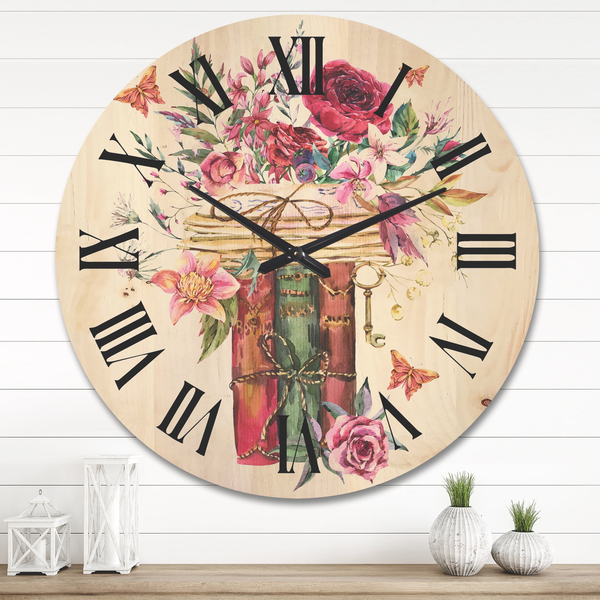 Designart 'Wildflowers With Vintage Old Books' Farmhouse Wood Wall Clock