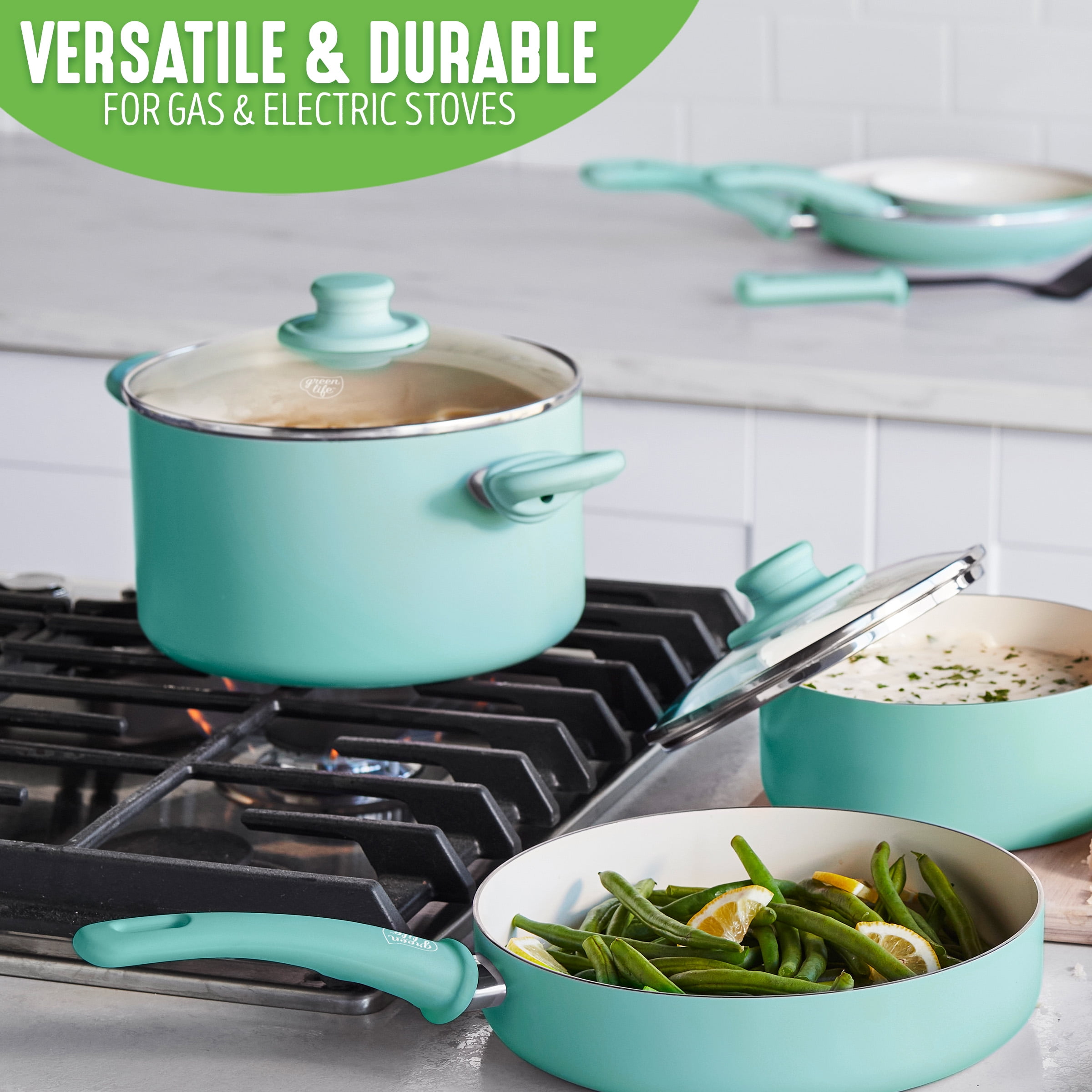 GreenLife Soft Grip Healthy Ceramic Nonstick 16 Piece Cookware Pots and  Pans Set, PFAS-Free, Dishwasher Safe, Turquoise