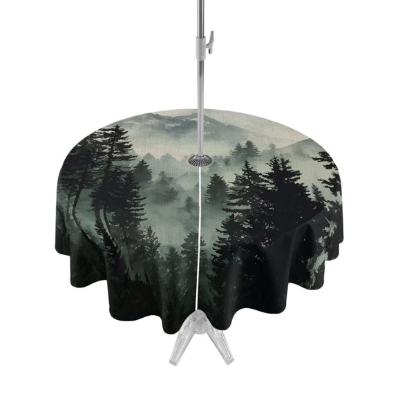Outdoor Tablecloth with Umbrella Hole for Patio/Picnic/Party/Camping, Black Forest Waterproof Table Cloth Round Cover Washable, Nature Mountain Pine Tree Vintage (Dia 54")