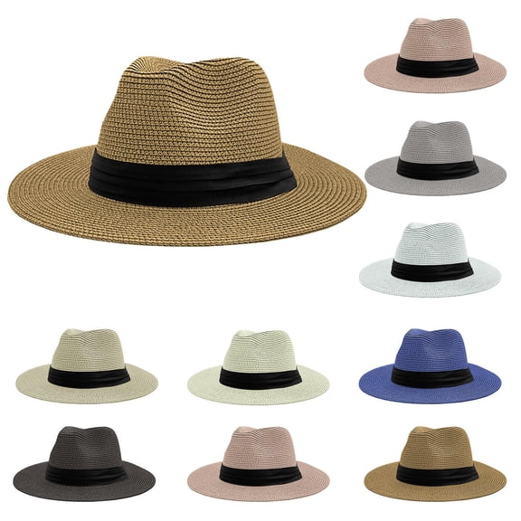 YHAJDS Women Straw Hat Ribbon Trim Sun Protection Beach Summer Wide Brim Cap