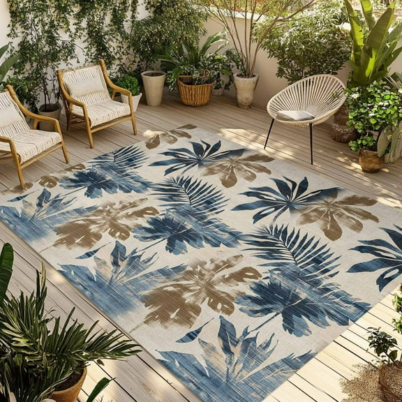 Fsddascl Navy Blue Brown Botanical Outdoor Rug for Patio/Deck/Porch, Non-Slip Large Area Rug 5 x 8 Ft, Tropical Palm Leaves Retro Indoor Outdoor Rugs Washable Area Rugs, Camping Rug Carpet