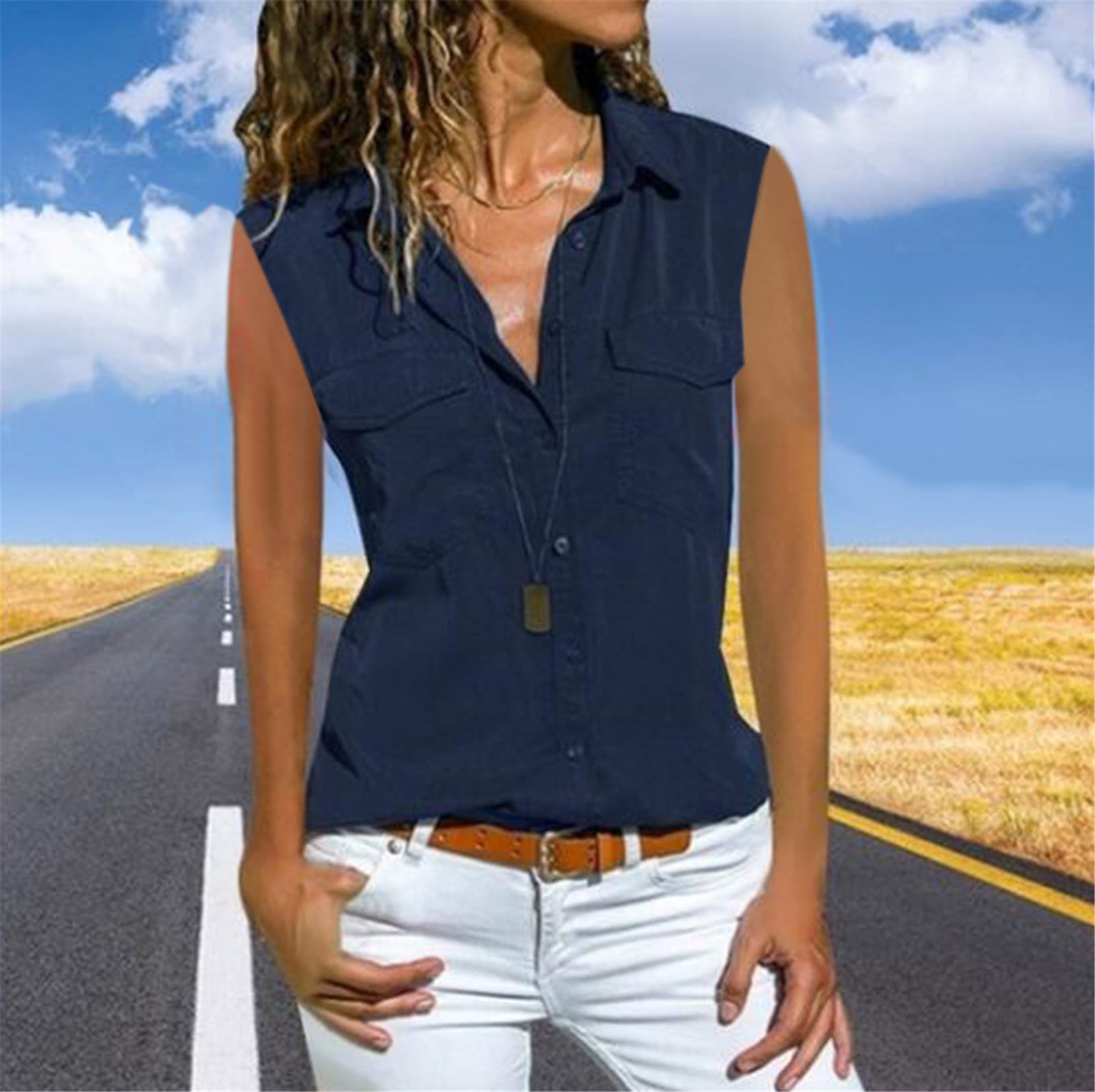 Women Casual Solid Sleeveless Turn Down 