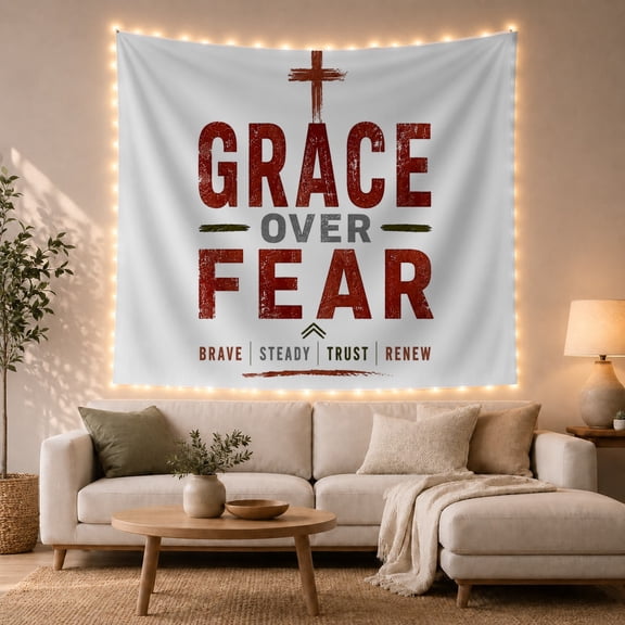 Grace Over Fear Christian Cross in Distressed Red on Light Blue, Inspirational Rustic for Bible Lovers, Motivational Wall Art, Christmas Gift, Tapestry Wall Hanging for Bedroom and Living Room