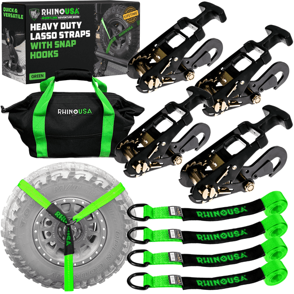 Rhino USA Car Tie Down Straps for Trailers w/ Snap Hooks 2" x 8' (10,000lb Break Strength) 4pc Green