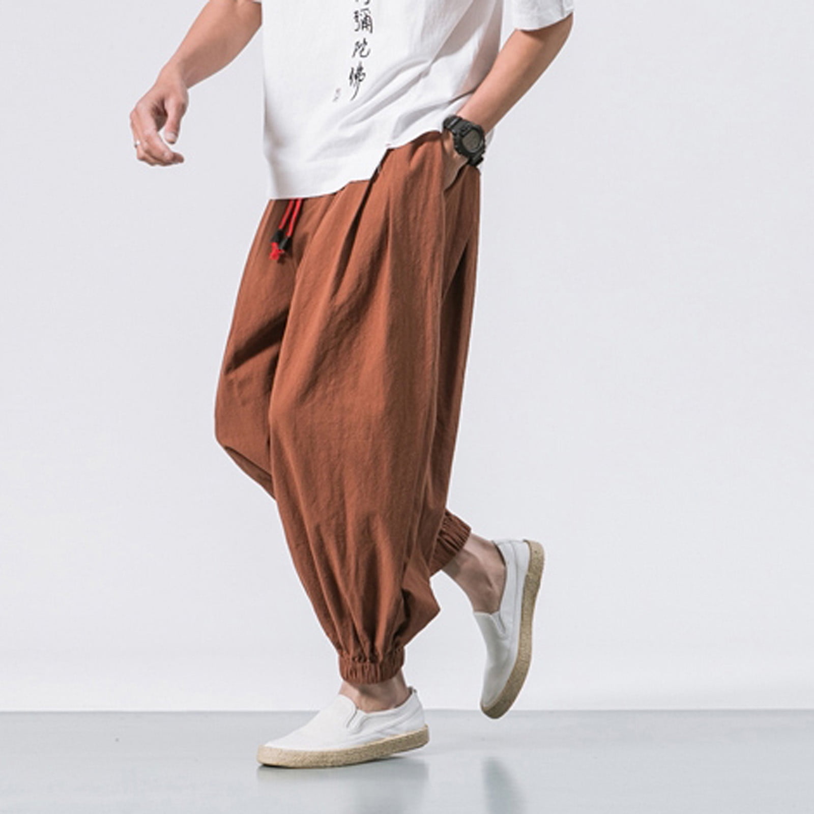 jsaierl Men's Harem Pants Cotton Linen Plus Size Pants Elastic Waist Lace Up Trousers Print Hippie Yoga Pants Comfy Workout Pants for Men