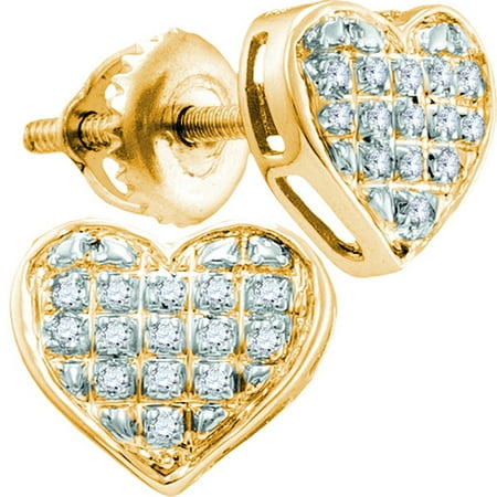 - 10kt Yellow Gold Womens Round Diamond Heart Cluster Earrings 1/10 Cttw