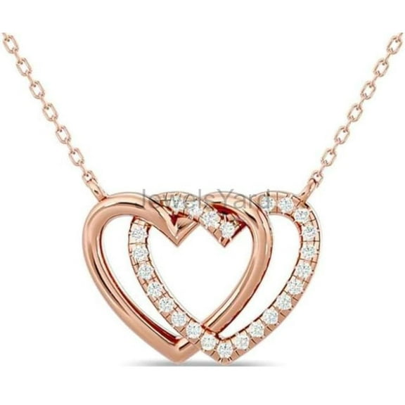 Double Heart Pendant Necklace In 925 Sterling Silver Rose Gold plated Round Shape White Diamond Gift For Women