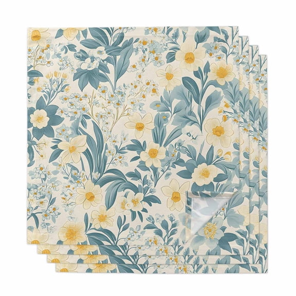 Spring Meadow Blooms Cloth Napkins, Teal Yellow Botanical Washable and Reusable Dinner Napkins Set of 4, Table Napkin for Kitchen Party Birthday Wedding Hotel Housewarming 20"x20"