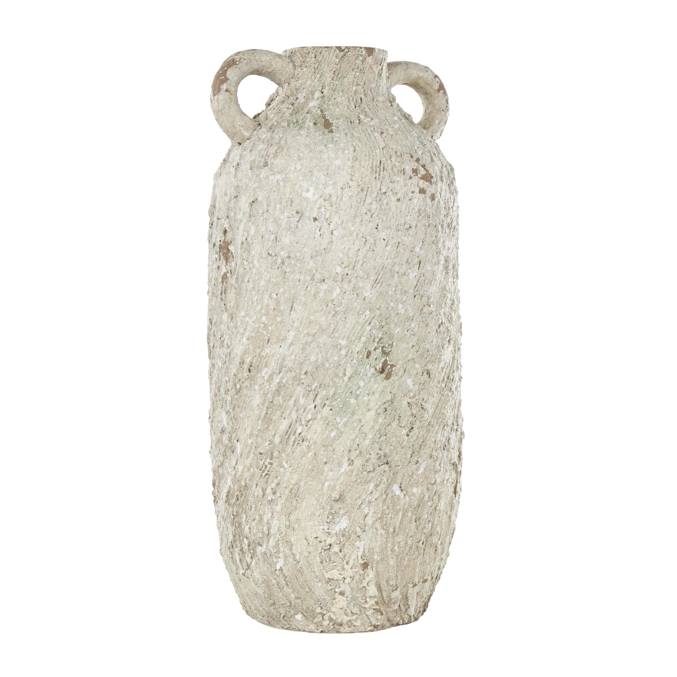 DecMode 15" Antique Textured Amphora Cream Magnesium Oxide Vase with 2 Small Handles