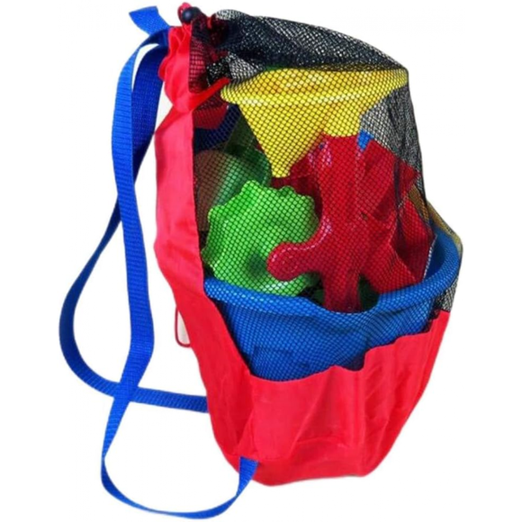 Kids Beach Toy Mesh Bag, Red Drawstring Backpack – Collapsible Storage for Swim/Pool Toys, Lightweight Beach Backpack for Children’s Sandcastle Kits & Summer Fun