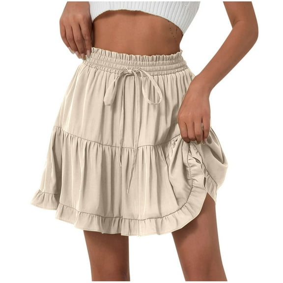 Dvprdro Flowy Skirts for Women Casual Boho Ruffle Tiered High Waist Mini Skirts Tennis Beach Shorts Mini Skirts Beige Sizes M