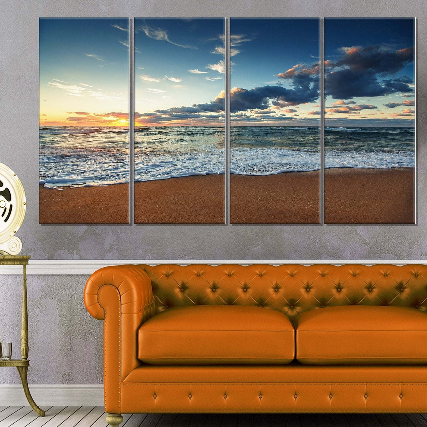 Designart 'Sunrise and Glowing Waves in Ocean ' Seascape Canvas Art Print