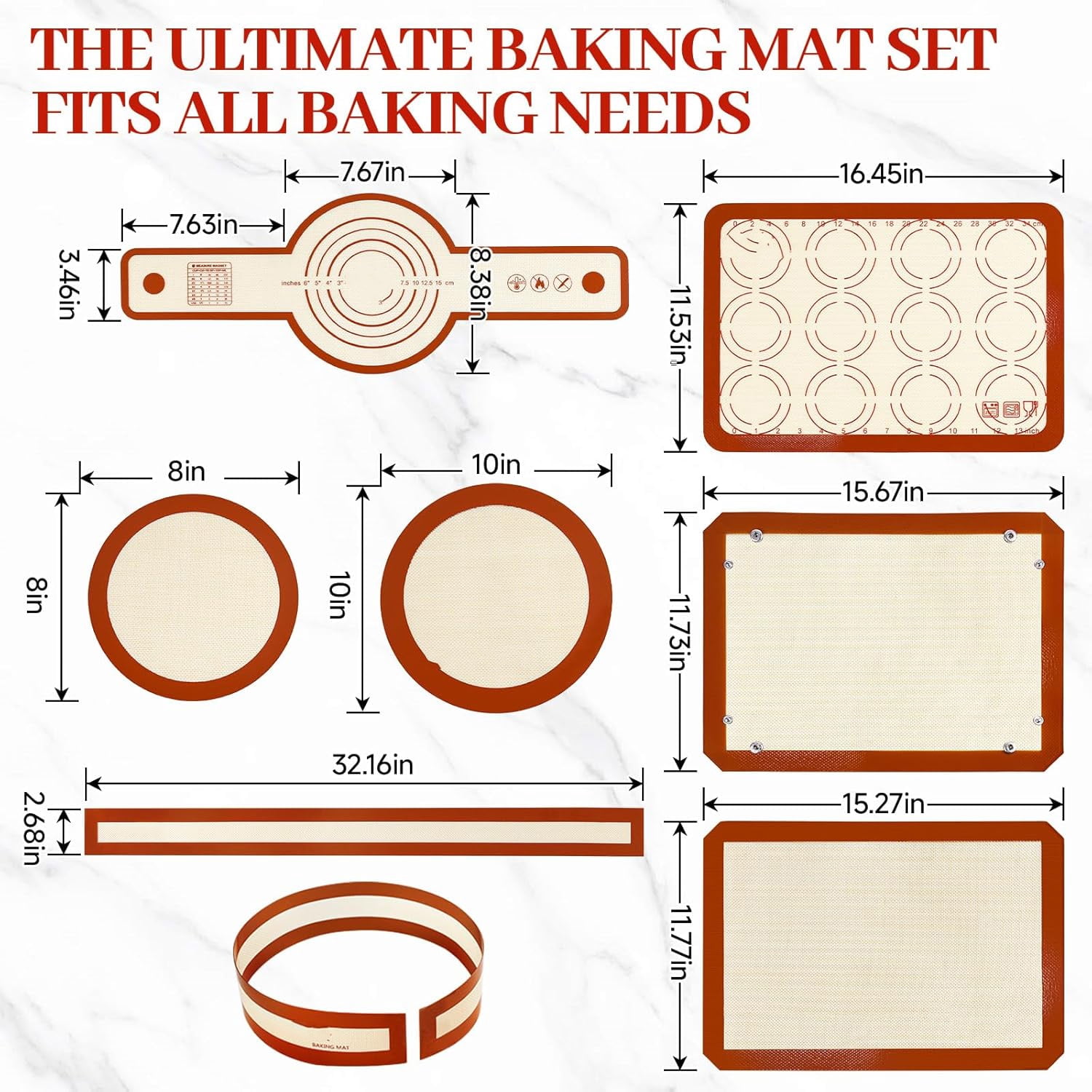 Silicone Baking Mats Set of 6, Silicone Bread Sling for Dutch Oven, Non-Stick Reusable Baking Mat, Slip Oven Liner Sheet, Round & Rectangle Baking Mat for Macaron, Pastry, Cookie, Sourdough Bread