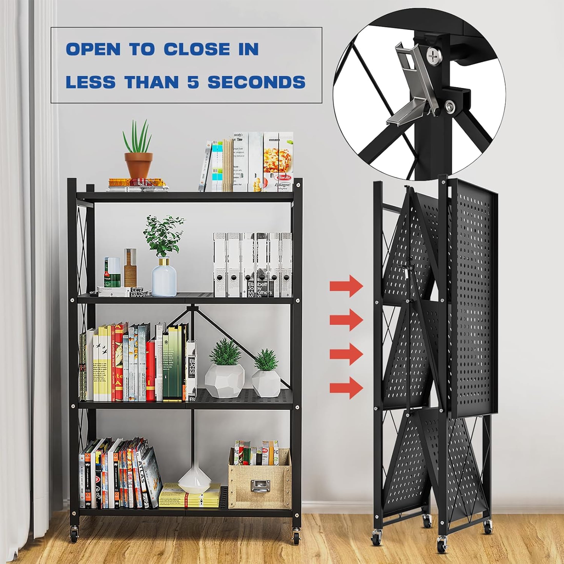 Lifetime Appliance Parts 4-Tier Foldable Storage Shelf with Wheels - Metal Collapsible Shelving Unit Display, Rolling Cart for Books Kitchen Storage Shelves, Pantry & Closet Organizer - BLACK