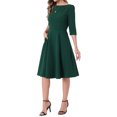 thumbnail image 4 of INSPIRE CHIC Wear to Work Dress for Women's Boat Neck Short Sleeves Midi Flared Office Dresses XS Dark Green, 4 of 6