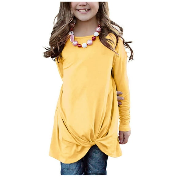 CUZIBR Kids Girls Casual Tunic Tops Loose Fit Solid Color Crewneck Knot Front Long Sleeve Blouse Oversized Lightweight Relaxed Soft T-Shirt Fashionable Holiday Long Tshirts,Yellow,12-13 Years