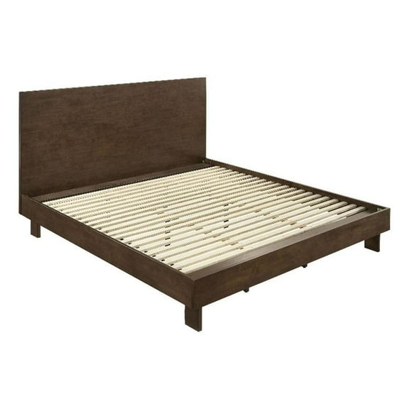 Genu King Size Platform Bed- Panel Headboard- Warm Walnut Brown Wood