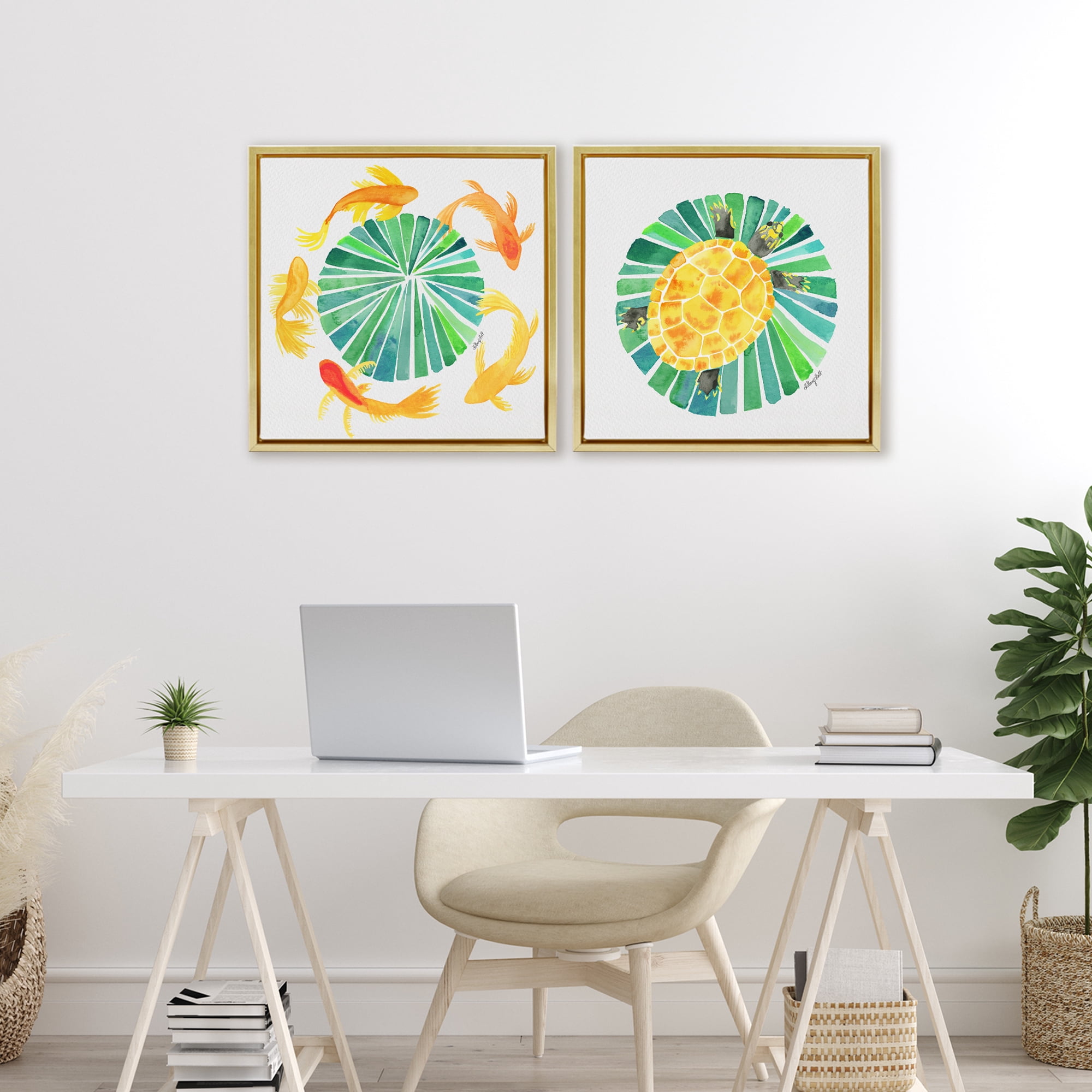 Stupell Industries Orbital Aquatic Creatures 2 Piece Gold Framed Floater Canvas Set, design by Hillary Holt