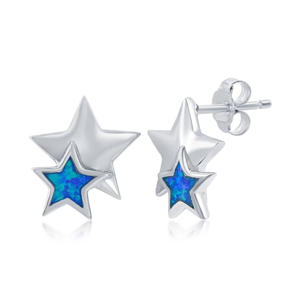 Beaux Bijoux Double Star, Created Blue Opal Stud Earrings Sterling Silver Jewelry for Women or Teens