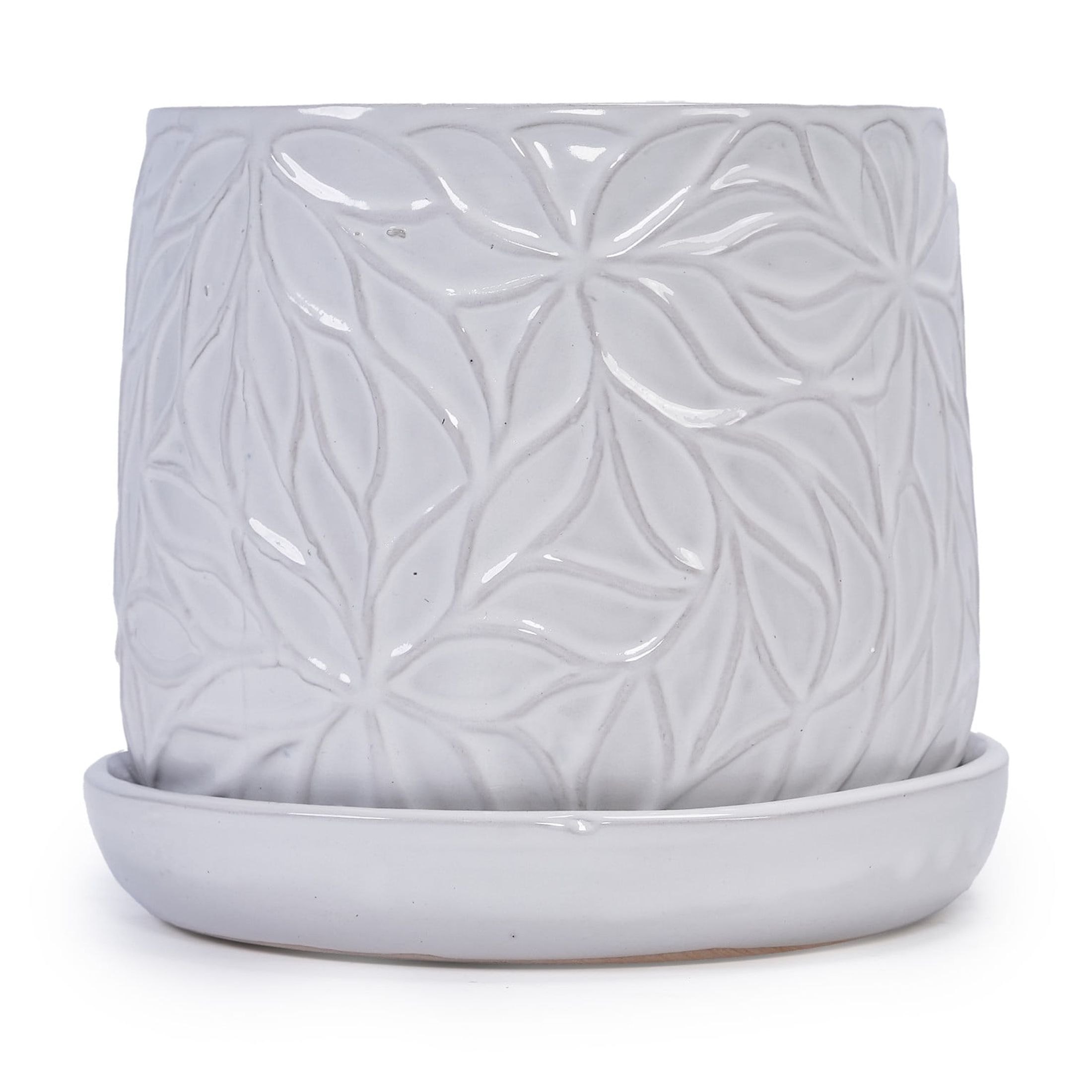 Noble House Olivia Embossed Leaf Ceramic Planter Set, Modern Flowerpots with Drainage, Set of 2, Gloss White