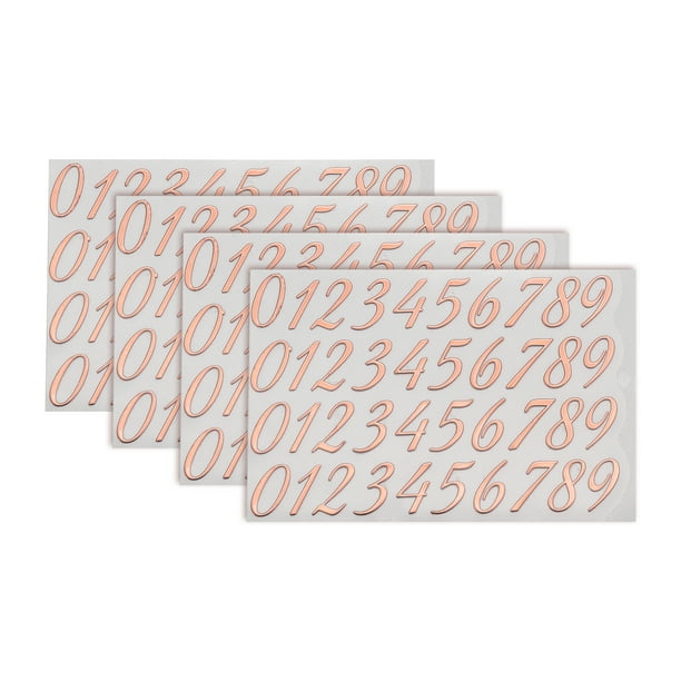 4 Hojas de Calcomanías de Números 0.39" Calcomanías de Números Mini 3D Autoadhesivas de Aleación (Oro Rosa)