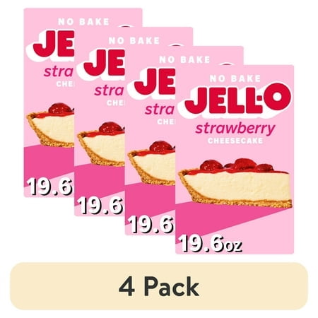 (4 pack) Jell-O No Bake Strawberry Cheesecake Dessert Kit with Strawberry Topping, Filling Mix and Crust Mix, 19.6 oz Box