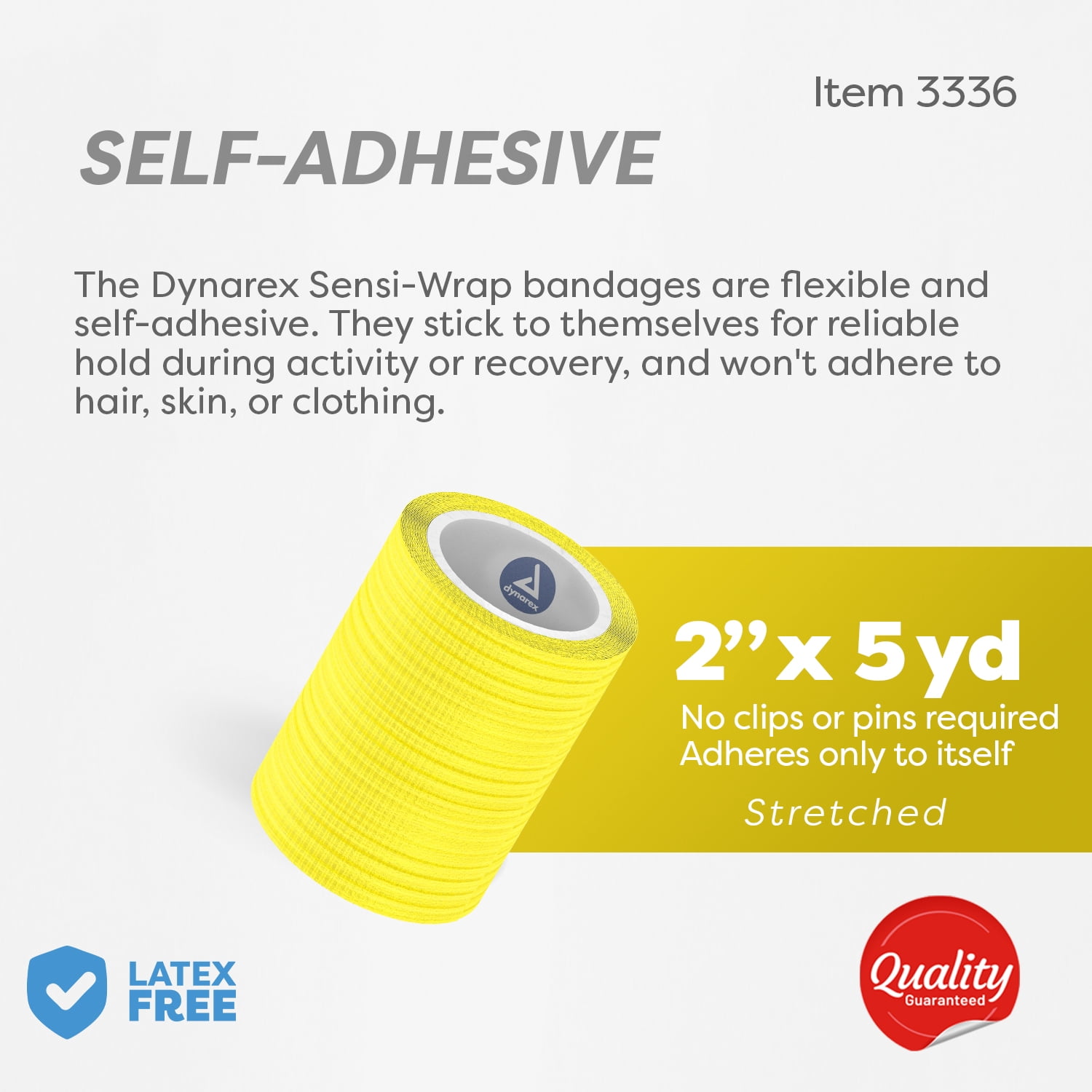 Dynarex Sensi-Wrap Self-Adhesive Bandages, 36-Pack, 2" x 5 yards, Yellow, Latex-Free, Colored Elastic Cohesive Athletic Tape, Tattoo Grip & Vet Wrap