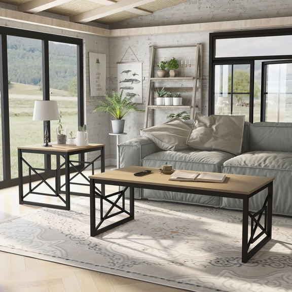 Burul Metal 2-Piece Coffee Table Set, Natural Oak and Black