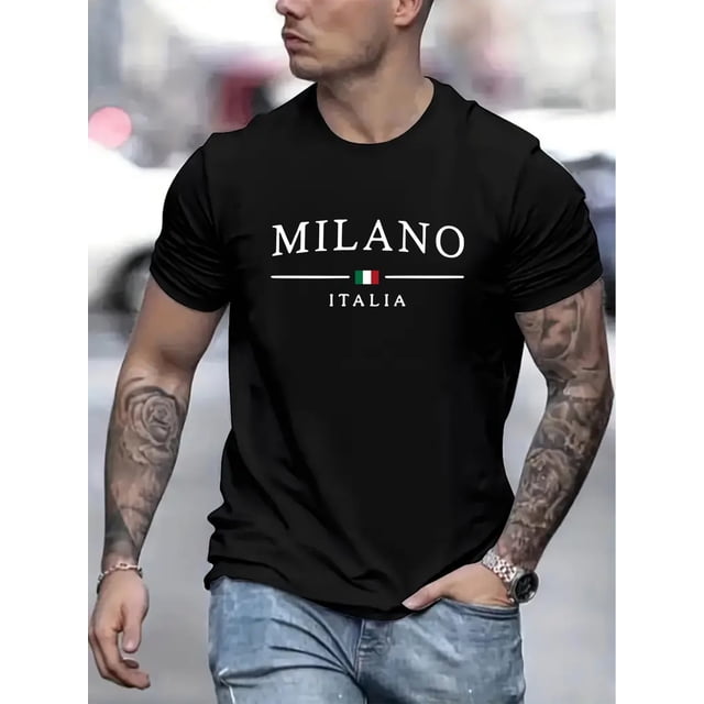 MILANO ITALY National Flag Print, Men's Casual Comfy Crew Neck Short Sleeve T-shirt, Men's Trendy Clothes Outdoor, Men's Breathable Tops For Summer, Casual Sporty Tee, Summer Gifts