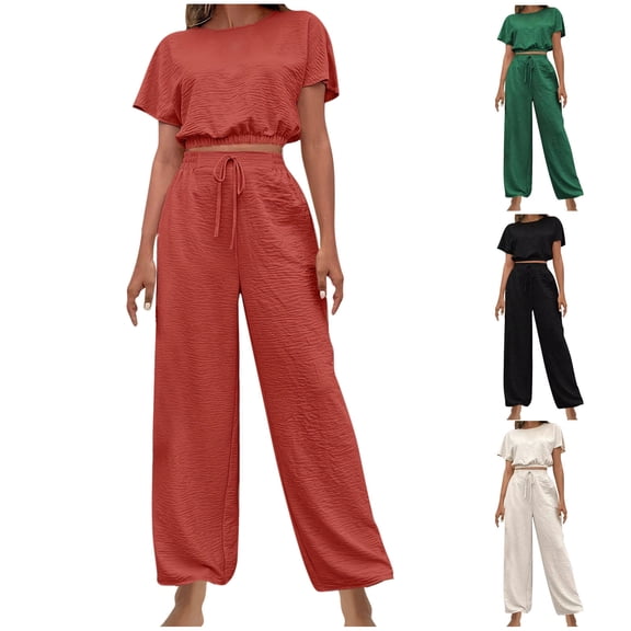 HBGVBA Casual Set for Women,2 Piece Matching Outfits,Summer Solid Color Drawstring Round Neck Short Sleeve Top Pants Set