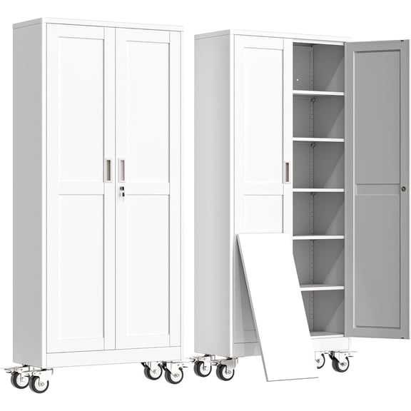75" H Metal Garage Storage Cabinet, Rolling Tool Cabinet with 2 Doors and Wheels, Locker Steel Cabinet with 5 Adjustable Shelves, Organization Cabinet for Garage,Office,Home,Gym,School（White）