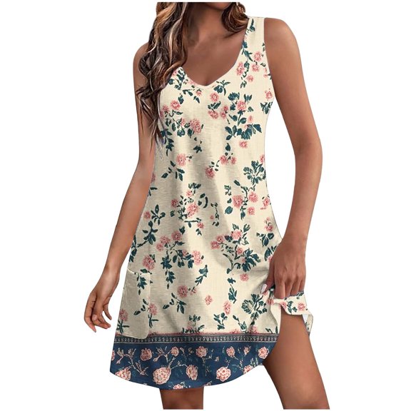 Drovellove 2026 Floral Print Plus Size Summer Dresses for Women Scoop Neck Beach Sleeveless Sundress with Pockets Vacation Outfits Floral Print Swim Cover Up