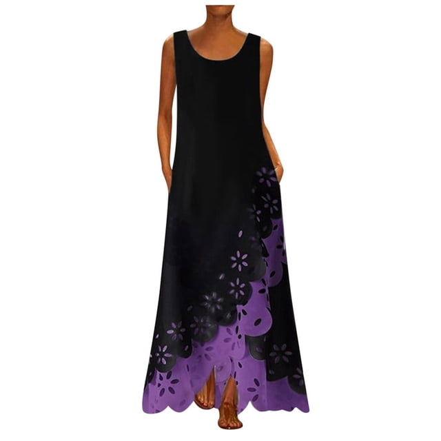 yoeyez Robes Qui Cachent la Graisse du Ventre pour Femmes Bohème Plage Grande Taille Sans Manches Robe à Col Rond Fendue Longueur au Sol DressMujer de Vestir Elegantes Robes d'Invitée de Mariage pour Femmes