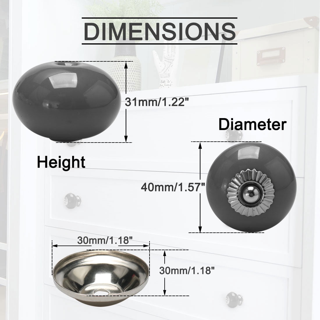 Ceramic Vintage Knobs Drawer Round Pull Handle Cupboard Cabinet Door Wardrobe Dresser Door 6pcs Grey