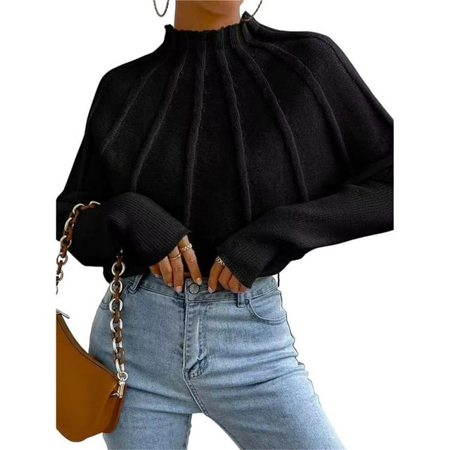 Suéteres de Punto con Mangas Murciélago y Cuello Alto para Mujer. Negro L