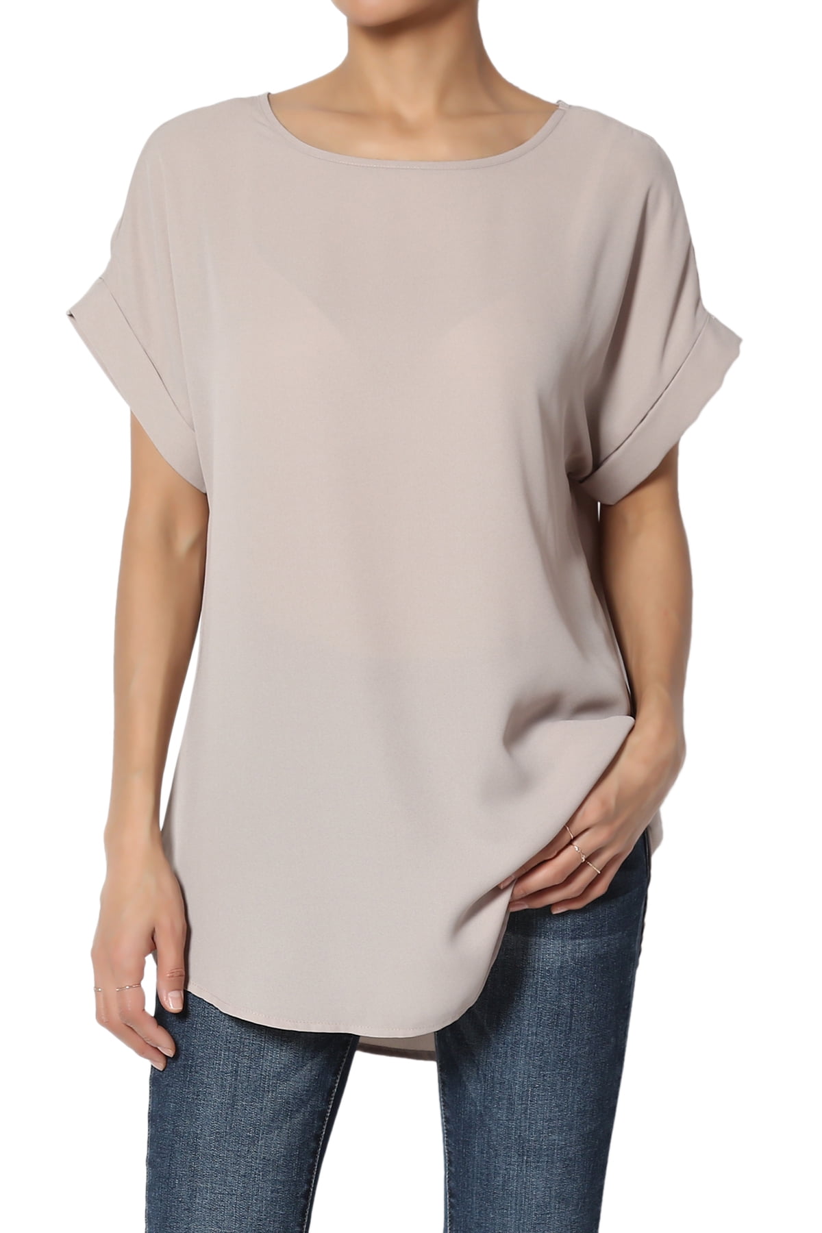 TheMogan Women's PLUS Cuffed Dolman Short Sleeve Loose Chiffon Top