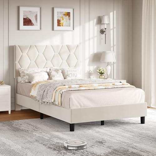 Alician TWIN Size Platform Bed Frame with Upholstered Headboard, Fabric Upholstered Bed Frame with Adjustable Headboard, Bed Frame