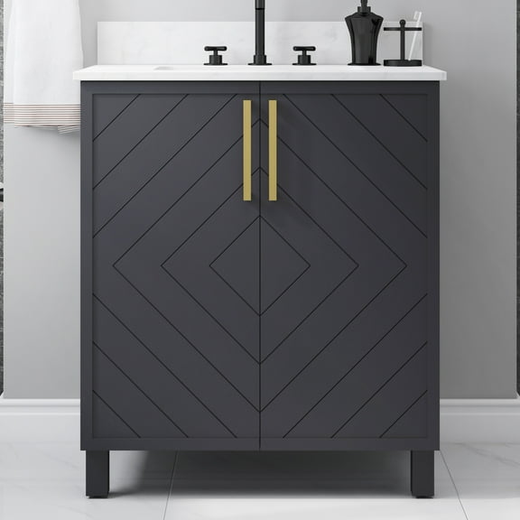 BridgePoint Home Roundstone 30" Single Sink Bathroom Vanity in Midnight Blue with White Stone Top
