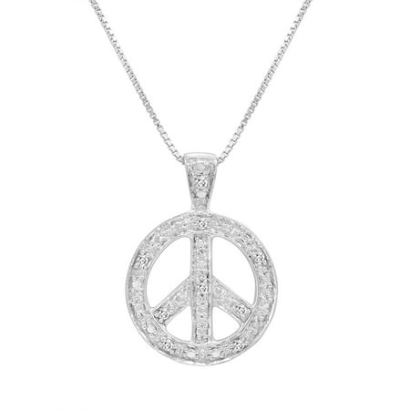 Diamond Peace Pendant - Diamond Peace Sign Pendant-Necklace in Sterling Silver on an 18in Box Chain