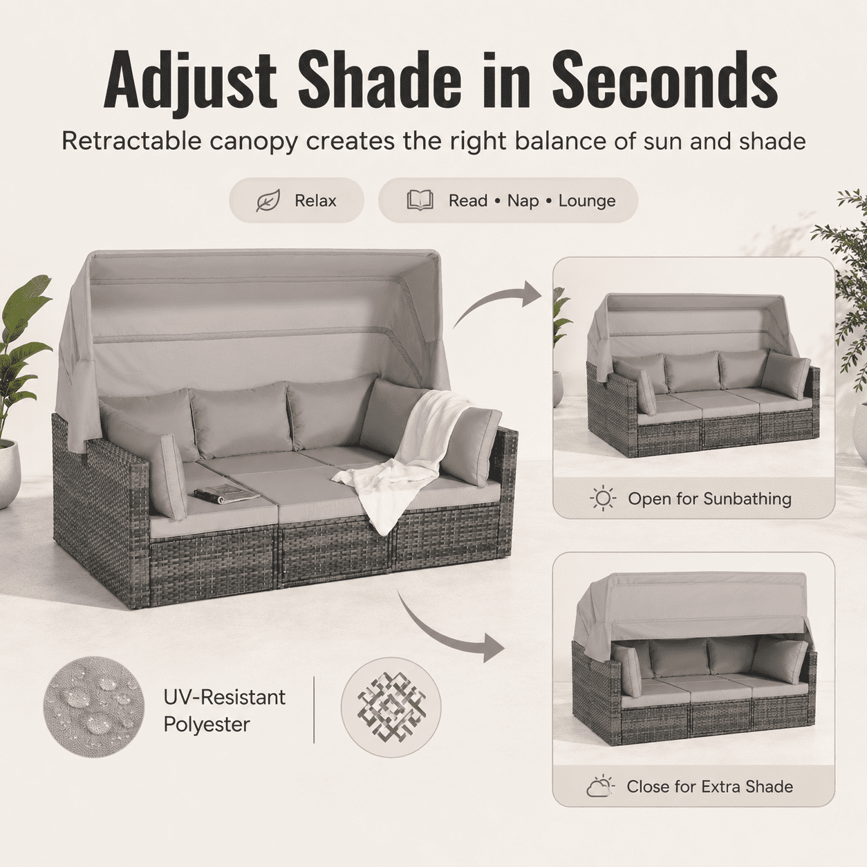 Outdoor Wicker Patio Furniture Set, 5-Piece Sectional Sofa with Canopy Daybed, All-Weather Rattan Conversation Set with Cushions & Table for Backyard Garden Poolside