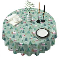 Light Green Christmas Village Pattern Round Tablecloth 60"x60",Wrinkle Wipeable Table Cloth for Kitchen Dining Room Picnic Patio Party